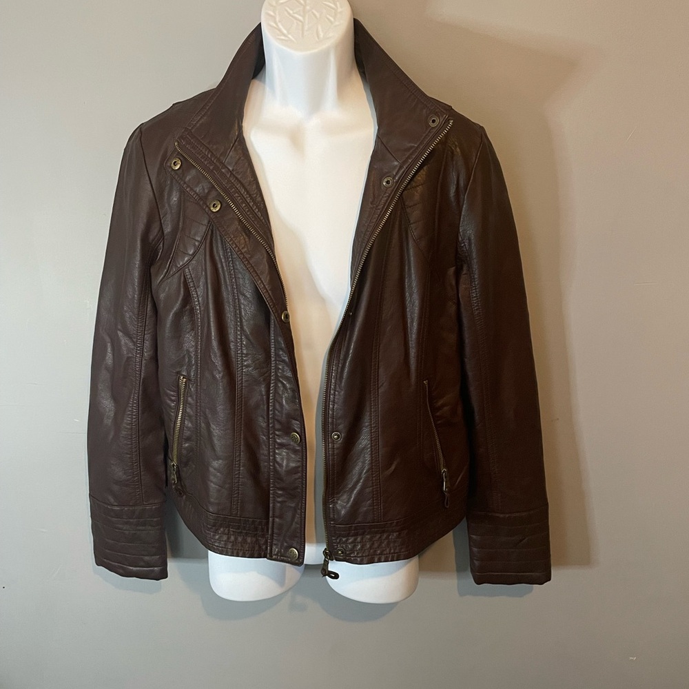 Jessica Simpson Brown Leather Moto Jacket with Notched Collar